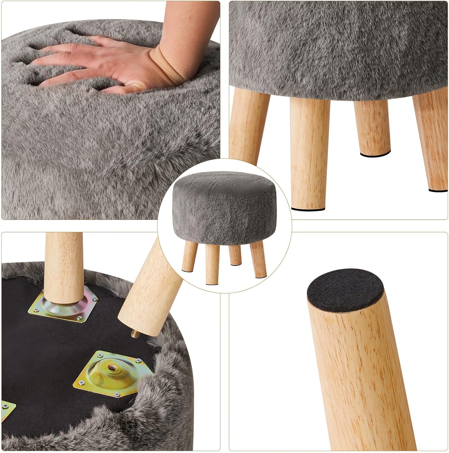 YMYNY Round Pouf Ottoman Small Foot Stool Faux Fur Foot Rest for Couch Modern Boho Footstools with Wood Legs for for Living Room Bedroom Office 12.6" D×12.6" W×12.6" H Dark Gray UHBD035GR
