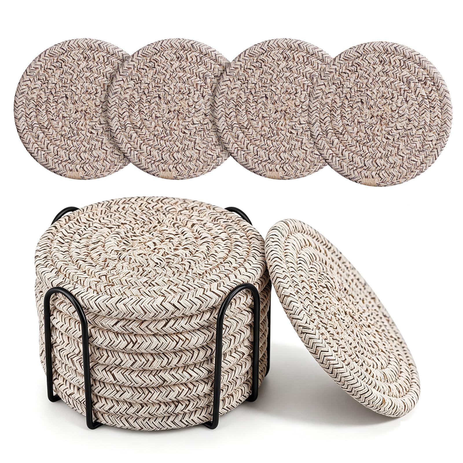 Set of 8 Coasters for Drinks, Laopypor Round Woven Coaster Cotton Woven Coaster,Absorbent Drink Coasters,Handmade Fabric Coasters,Water Absorbent Coaster Set with Holder (Mixbrown)