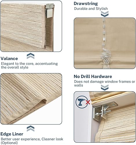 Miniatura 3 de Persianas romanas sin cordones, sin herramientas, sin taladro, de tela natural, para ventanas, fáciles de instalar, persianas con filtro de luz,