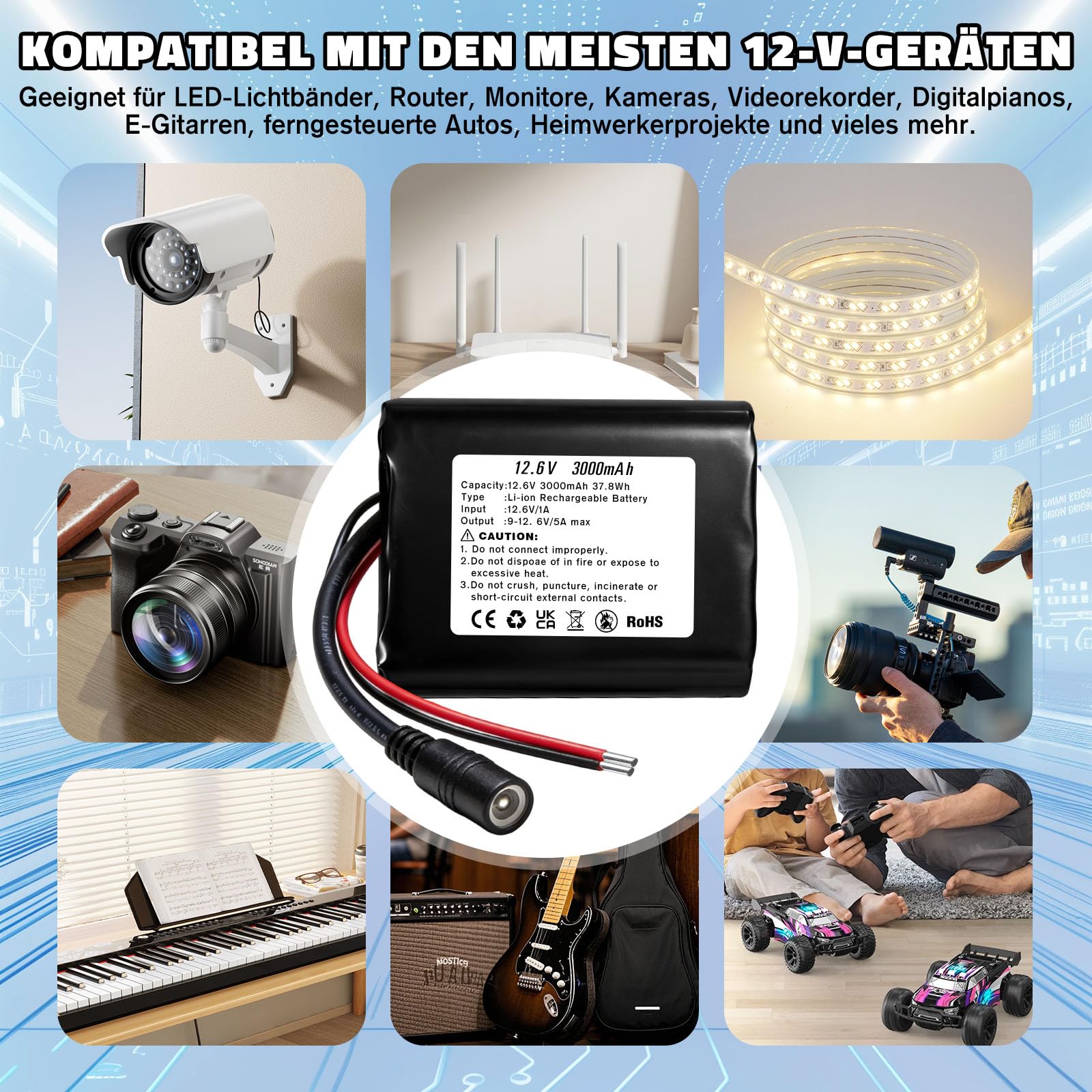 12.6V 3000mAh Lithium-ionen Akku, Wiederaufladbarer Akku mit Ladegerät und 2 Verbindungskabeln für Solar Panel, Radio, Kameras, Camcorder, DIY Leselampe, Teleskop, Sonar