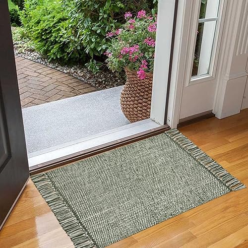 Miniatura 7 de Collive Alfombra de baño pequeña, de 2 x 3 pies, tejida a mano, de perfil bajo, alfombra de entrada delantera, color verde olivacrema, reversible,