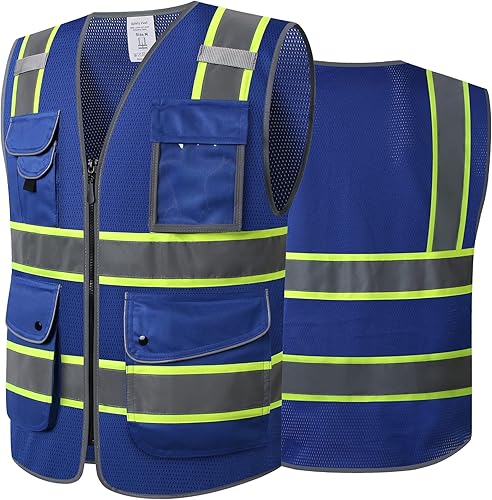 Chaleco de seguridad negro reflectante de alta visibilidad de malla para hombres y mujeres, con 9 bolsillos y cremallera, chaleco de construcción de