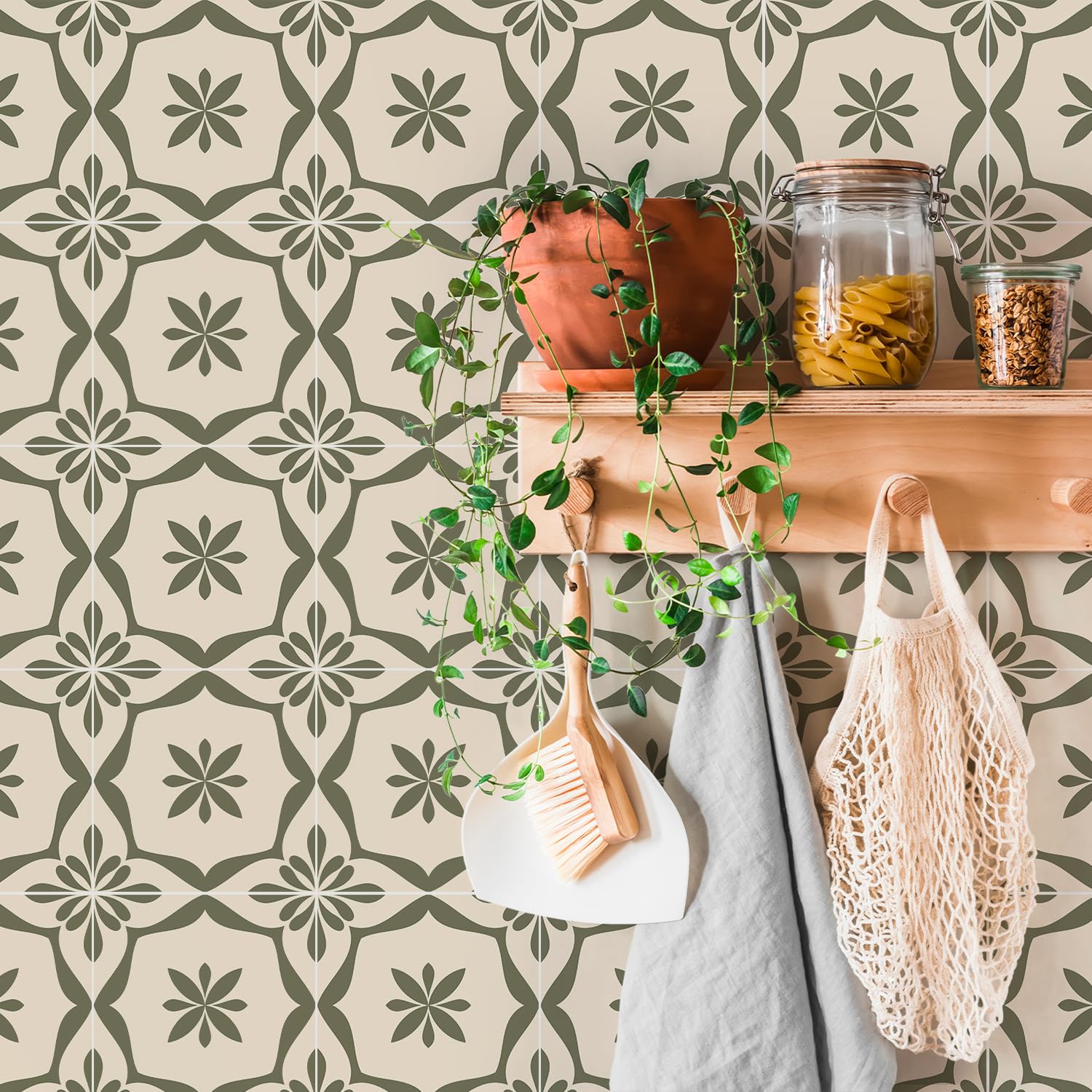 Alwayspon Tile Sticker, 50PcsX20cm/8inch Olive Green Self Adhesive Stick on Tiles Transfer Sticker for Bathroom Kitchen, Backsplash for Cooker, Peel and Stick Adhesive Vinyl Wall Tiles Sticker