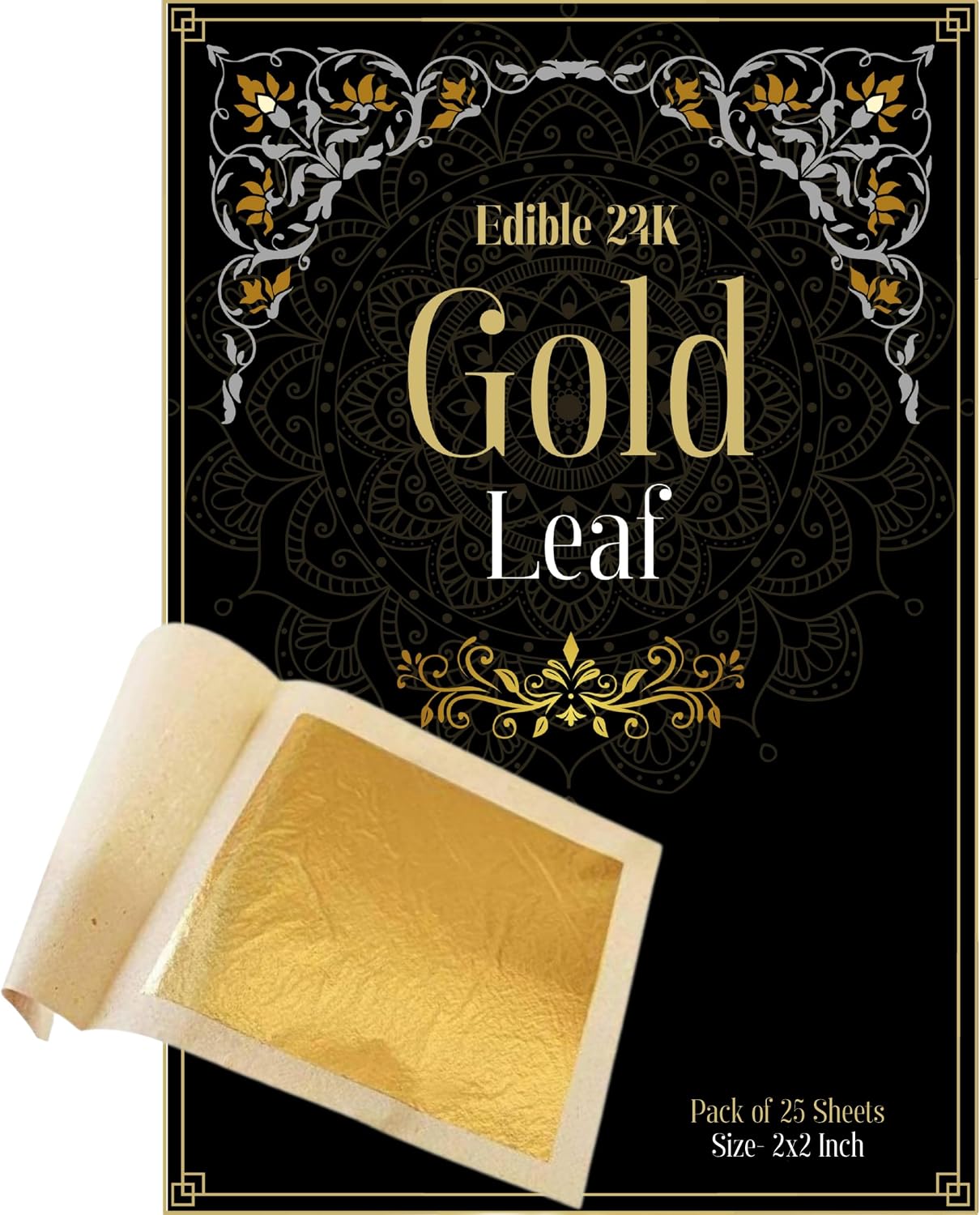 Edible Gold Leaf Sheets 25 Count – Pure 24K Gold Vark (Varak) 1.7 x 1.7 Inch Transfer Leaves for Cake Decoration, Sweets, Chocolates, Desserts, Mithai & Food Gilding