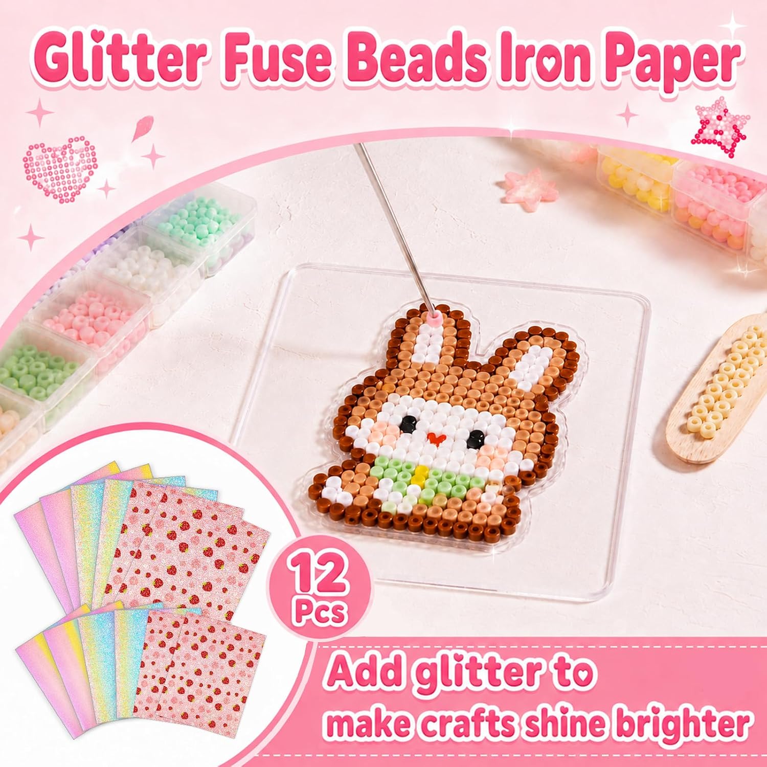 12 PCS M+L Reusable Glitter Fuse Beads Iron Pape, Glitter Fuse Bead Ironing Papers Fit for Decorative Items, Keychains and Greeting Cards