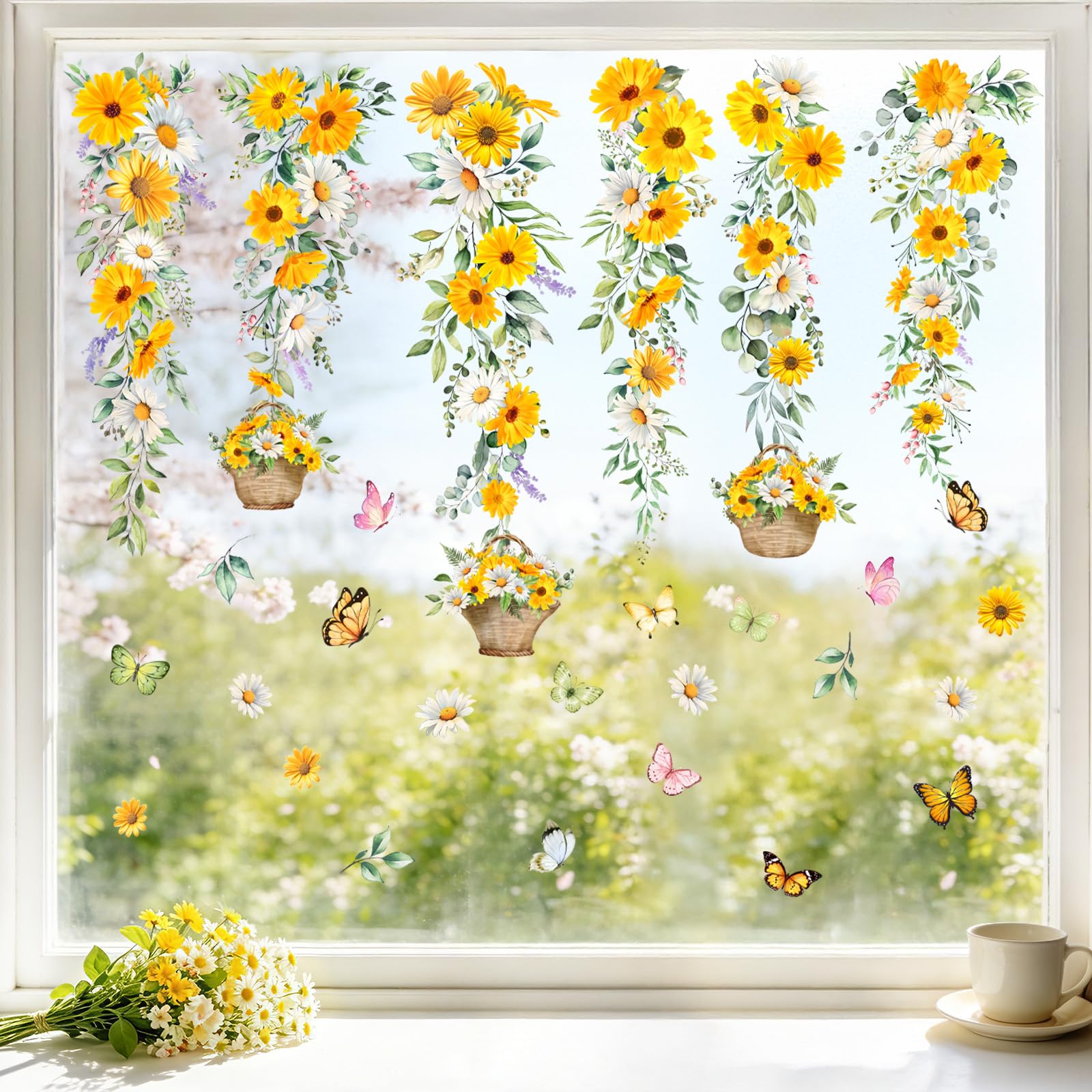 Walluree Spring Summer Window Stickers Sunflower Daisy Flower Cling Decals
