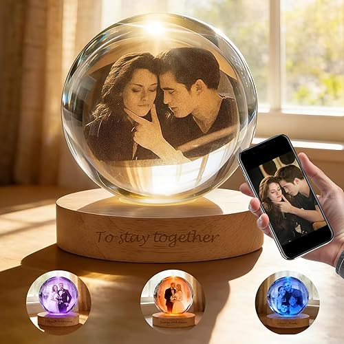 Luz nocturna de bola de cristal personalizada con foto 3D, lámpara de imagen grabada personalizada con base de madera para parejas, familia y