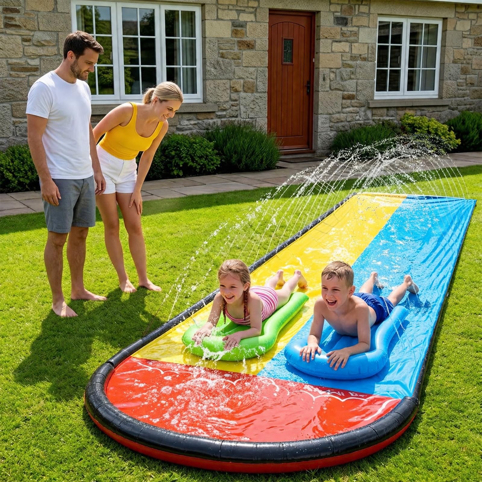 Yisquar Tobogán acuático para jardín, 480 cm, doble tobogán con aspersor integrado, con aspersor y 2 tablas inflables, tobogán acuático inflable, para fiesta de verano, Lawn