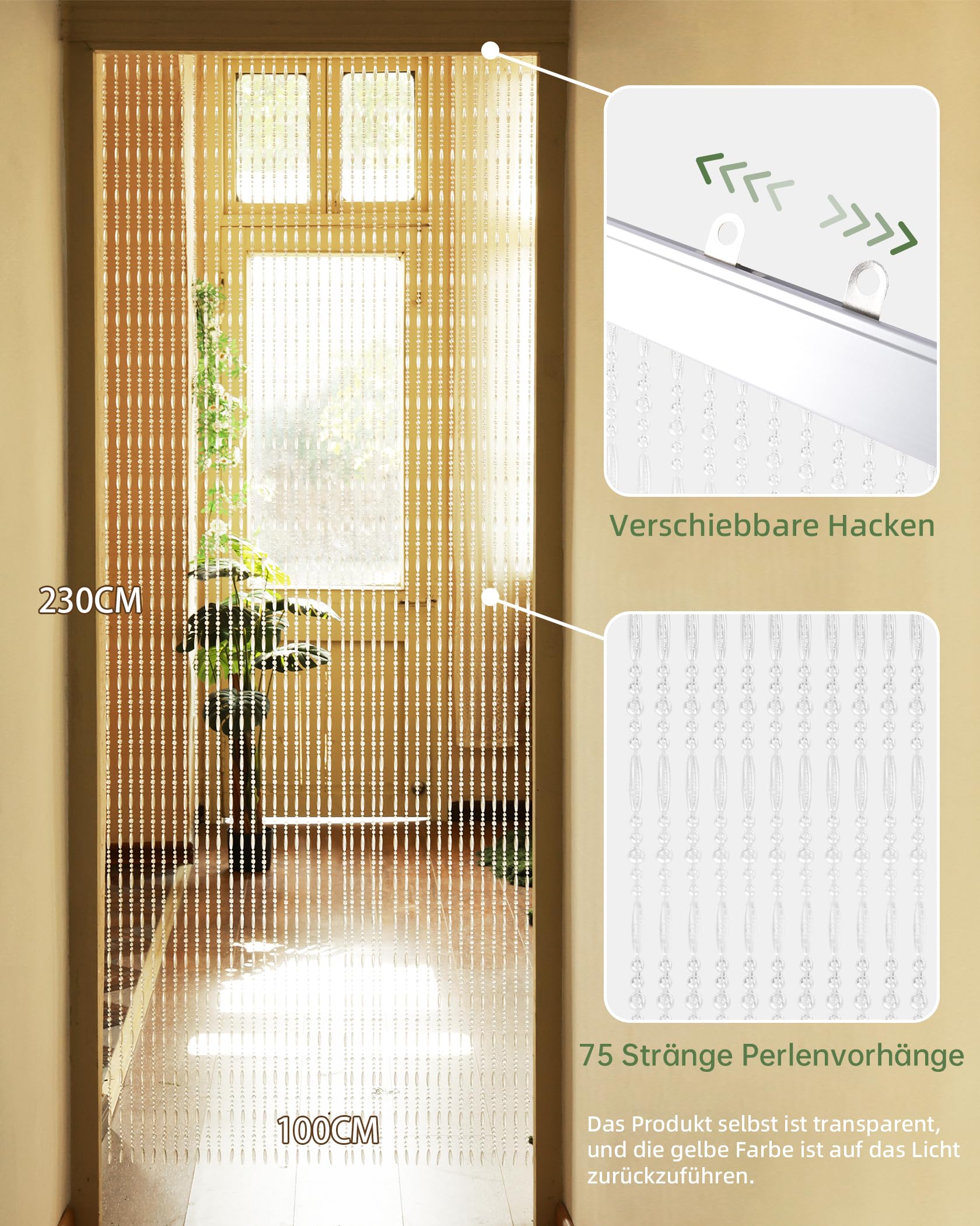 100x230cm Transparent Perlenvorhang Balkontür, 75 Stränge Kunststoffperlenvorhang Perlenvorhang Türvorhang als Insektenschutz und Dekoration für Balkontür, Zimmer
