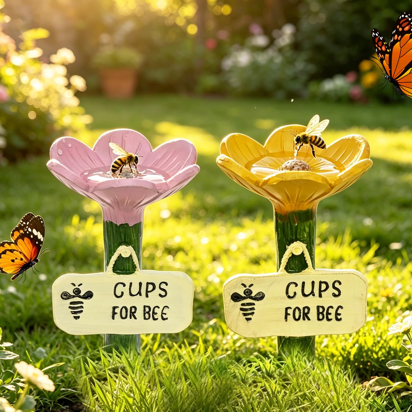 VASTOPIA 2Pcs Bee Watering Station for Garden, Bee Baths Drinking Cups, Colorful Bee Feeder, Fairy Garden Accessories for Outdoor Yard Decor, Gardens Stakes Decorative(Y+P)