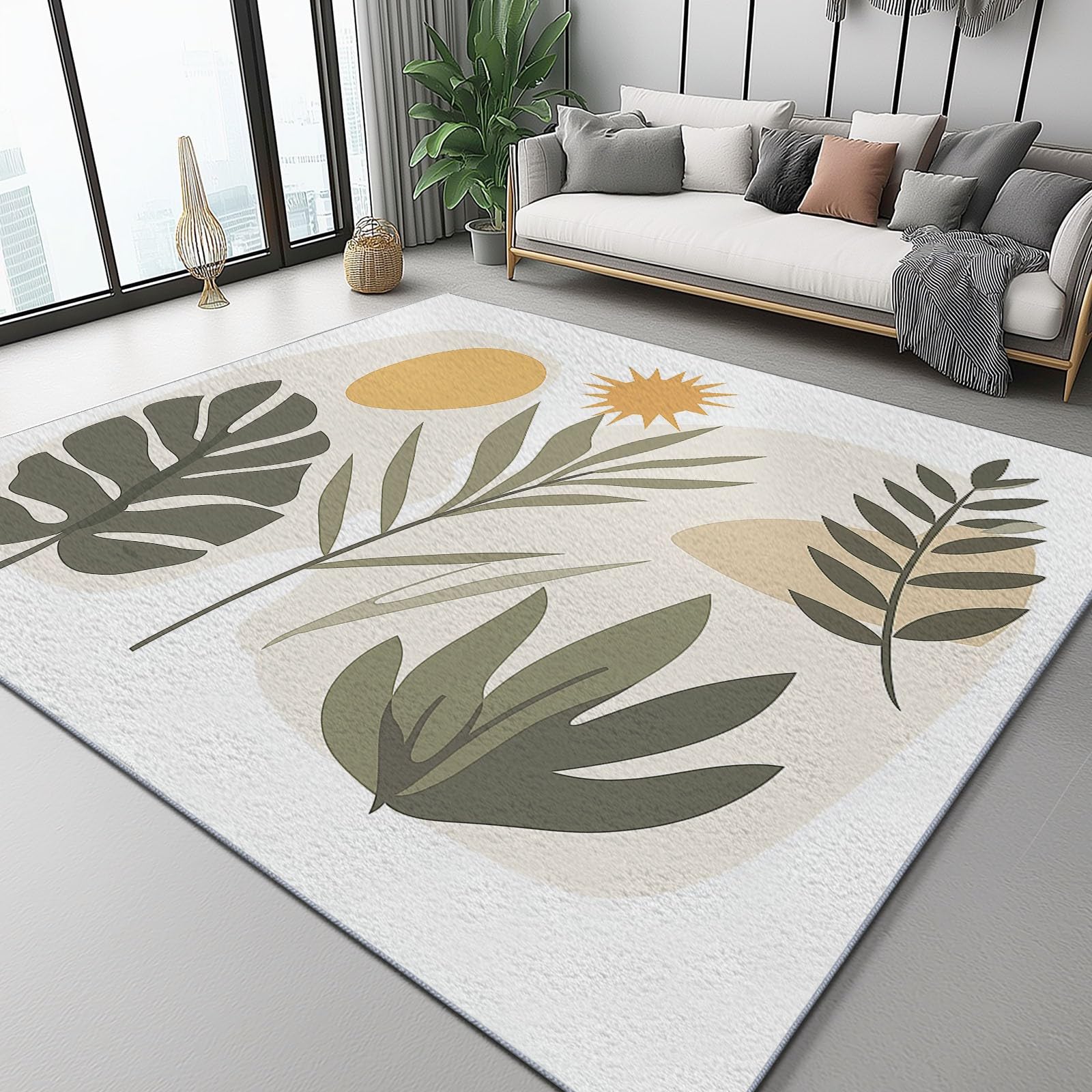 Tapis Descente de Lit Chambre Bohème Feuilles Tropicales Illustration, 60 x 110 cm Lavable Cachemire Ultrafin Tapis à Poils Courts avec Support Antidérapant, Décoratif Intérieur Blanc
