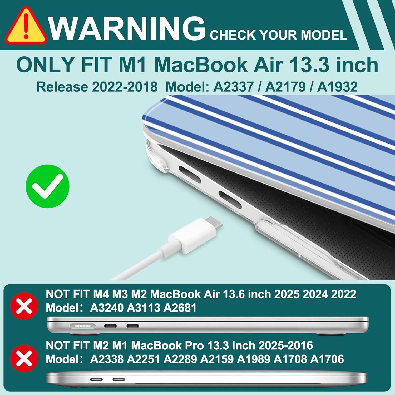 for M1 MacBook Air 13 inch Case 2021 2020 2019 2018 Model A2337/A2179/A1932, Laptop Hard Shell Case with Keyboard Cover & Trackpad Protector & 2 OTG Adapters, Blue Stripes