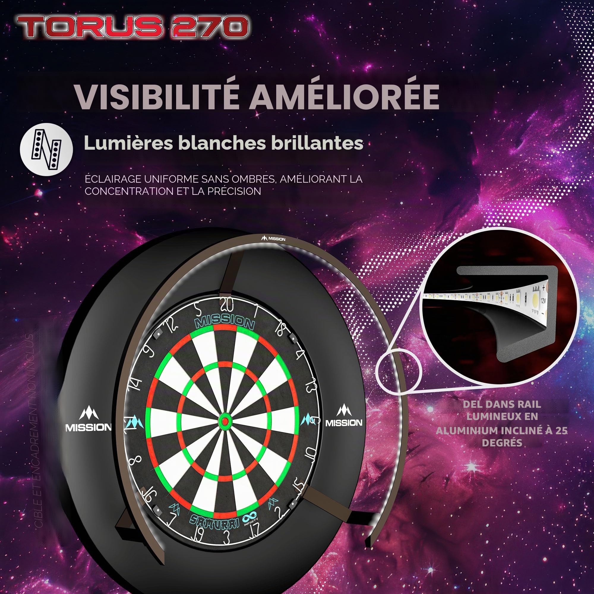 Mission Darts Torus 270 | Système d'éclairage LED pour cible de fléchettes avec accès facile à la zone de jeu de fléchettes pour un jeu illimité. Disponible en noir, rouge et bleu sablé