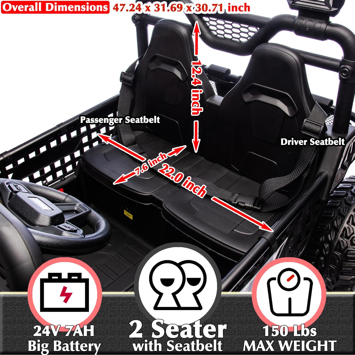 sopbost Premium 24V 2 Seater XXL Kids UTV Ride On Car with Remote Control 4WD Off Road Electric Vehicle Ride On Toy Car with EVA Tires Wheels, Metal Frame, Bluetooth (Black)