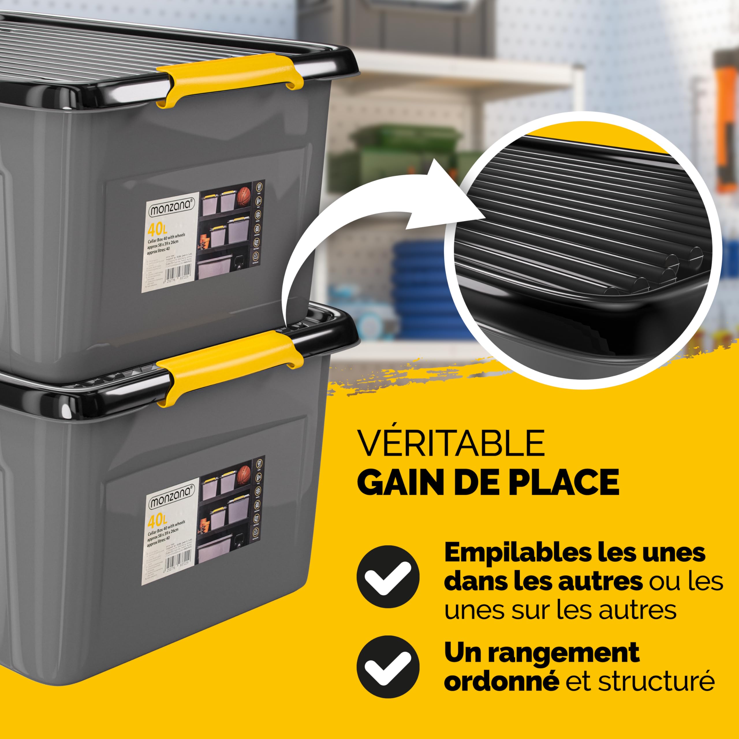Monzana® 2x Caisse de rangement 40 L robuste avec couvercle hermétique et roulettes empilable sans BPA gain de place caisse de rangement organisateur
