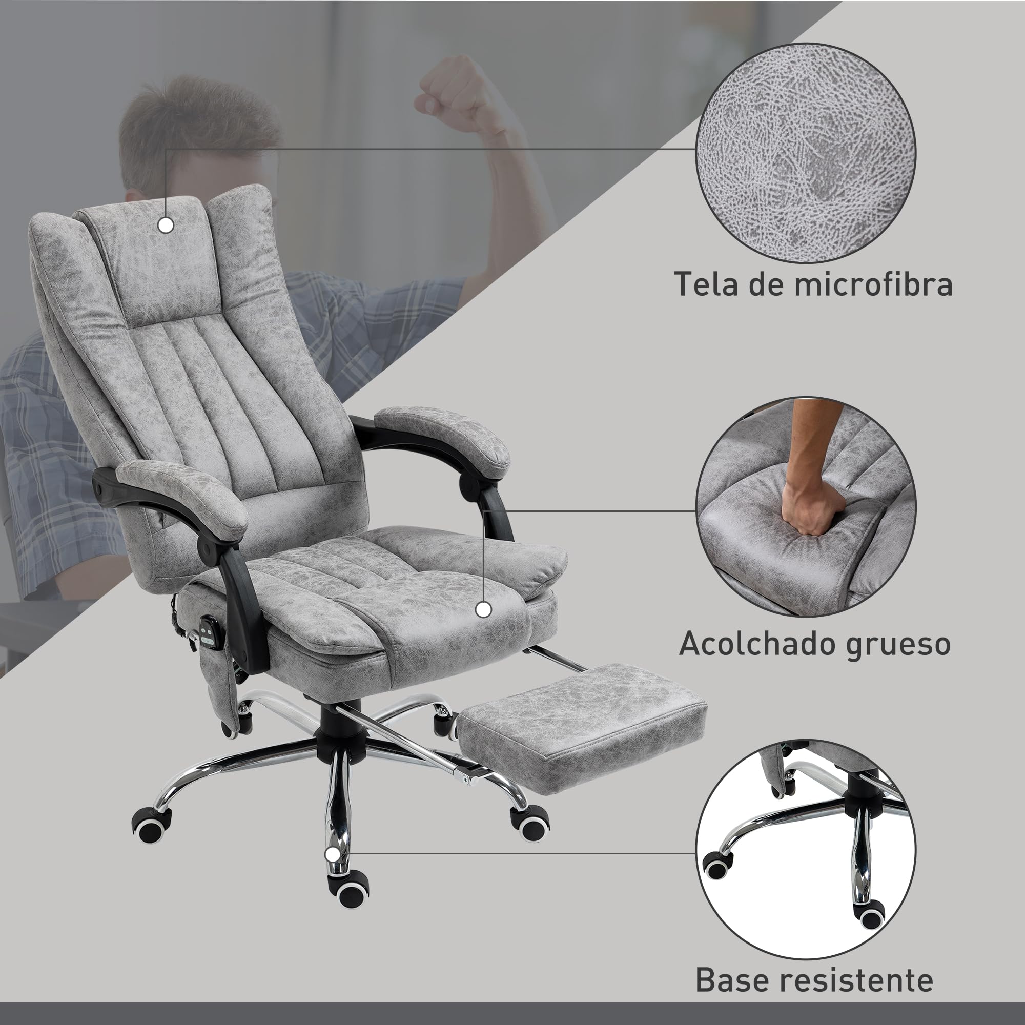 Vinsetto Silla de Oficina con 6 Puntos de Masaje, Reclinable 135º, Gris | Silla de Escritorio Giratoria, Masaje Vibratorio, Función Calefacción, Reposapiés Retráctil, Altura Ajustable, Control Remoto
