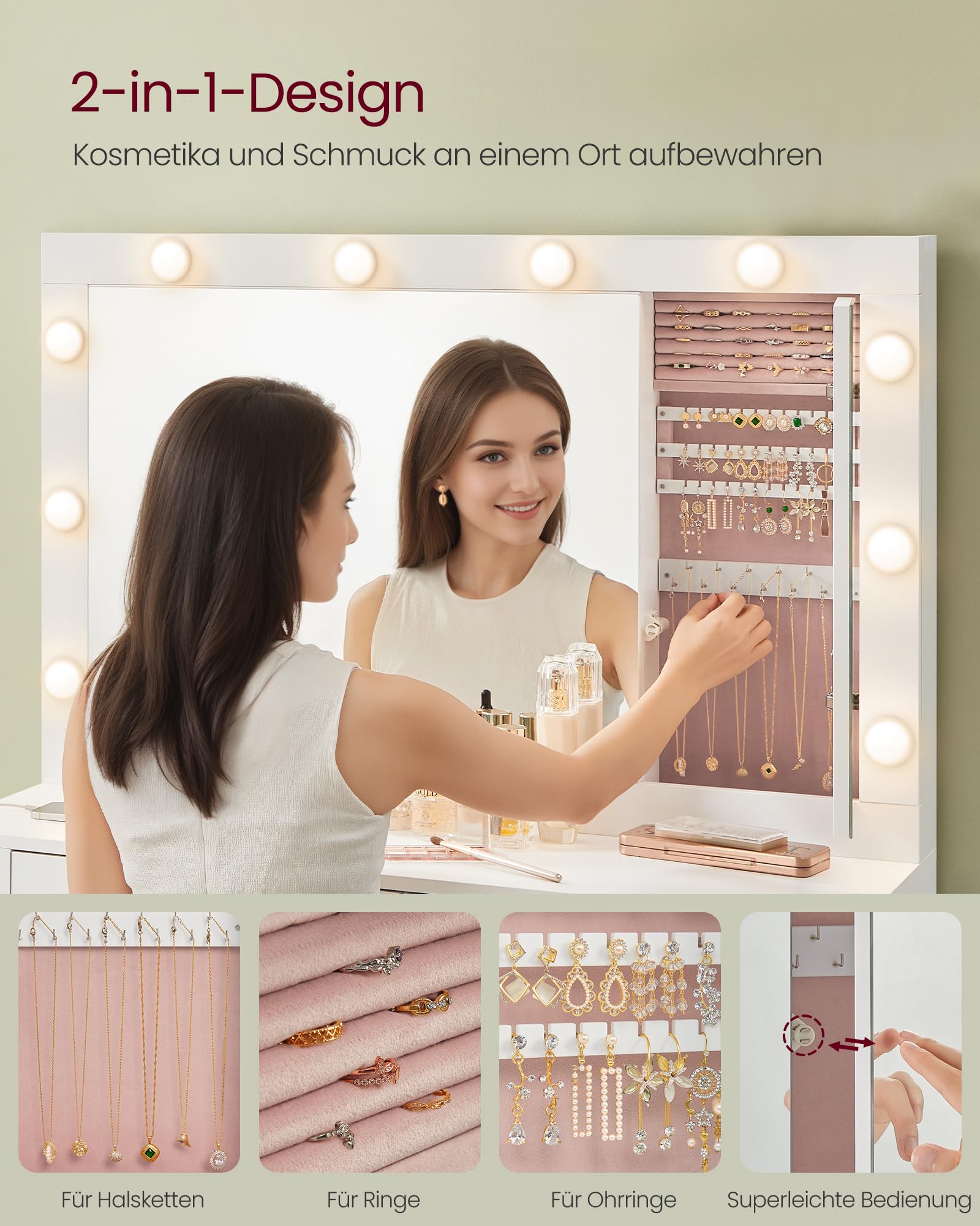 VASAGLE Kailyn Kollektion - Schminktisch mit LED-Beleuchtung, Frisiertisch mit Spiegel, Steckdosenleiste, 40 x 125 x 140 cm, Kosmetiktisch mit Schubladen, wolkenweiß RDT127W01