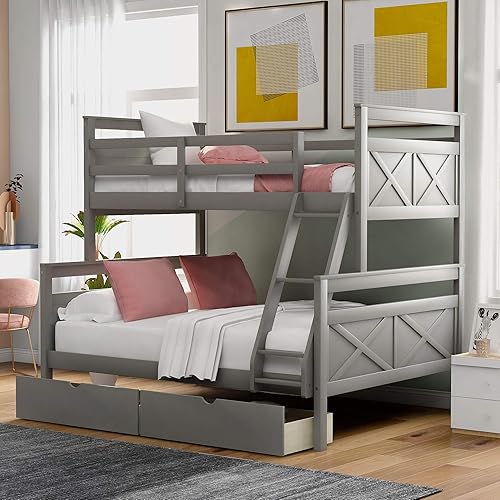GLORHOME Litera individual con 2 cajones de almacenamiento marco de cama de madera maciza con riel de seguridad y escalera dormitorio de