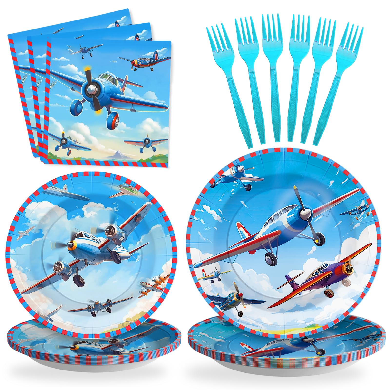 SCIONE Airplane Party Plates Party Tableware Supplies Includes Paper Plates, Napkins, Forks for Graduation, Birthday, Cocktail Party, Serves 24 (Aeroplane)