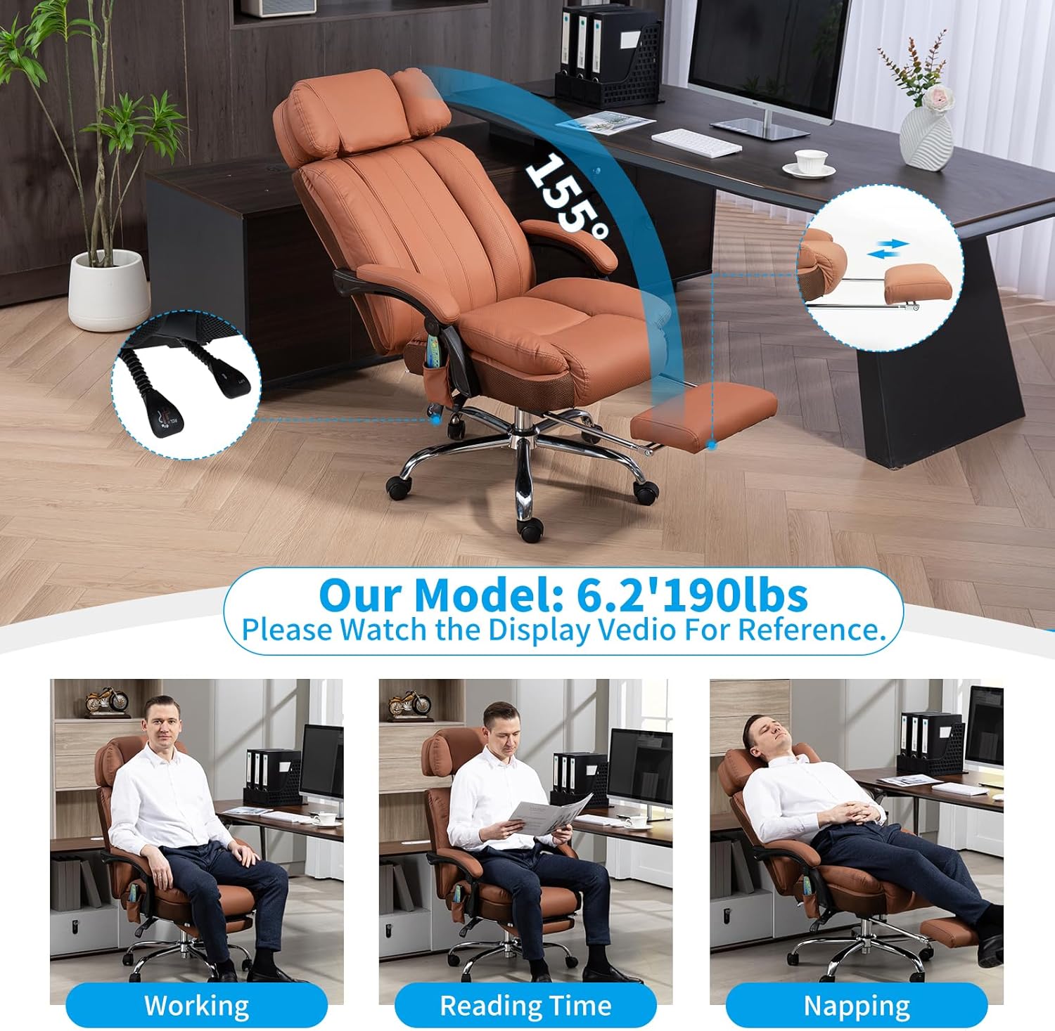 Image demonstrating the reclining capability of the Salutrobusto chair (up to 155 degrees) with the retractable footrest extended, showing different user postures.