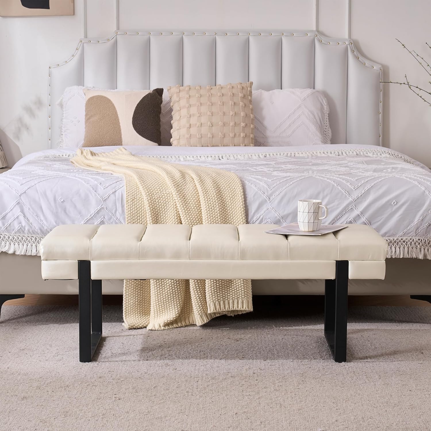 Faux Leather Ottoman Bench, Tufted Padded End of Bed Bench with Metal Legs, Upholstered Shoe Bench for Bedroom Living Room Entryway Window (Beige White, 46" Wide)