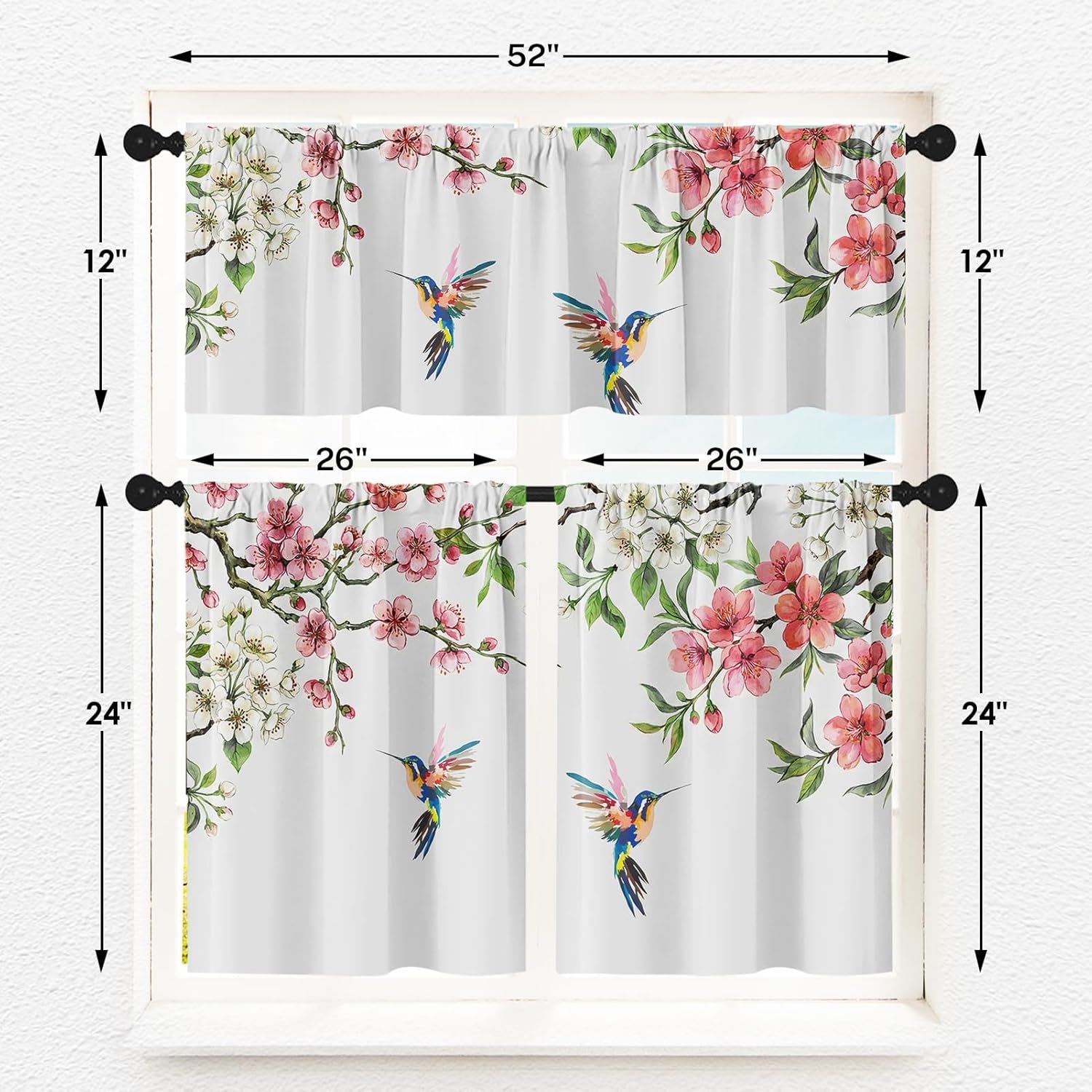Flower Bird Kitchen Window Curtains Valance and Tier Set, Spring Hummingbird Watercolor Pink Botanical Short Tier Curtain, Floral Small Cafe Drapes for Kitchen Decor 52" x 24"