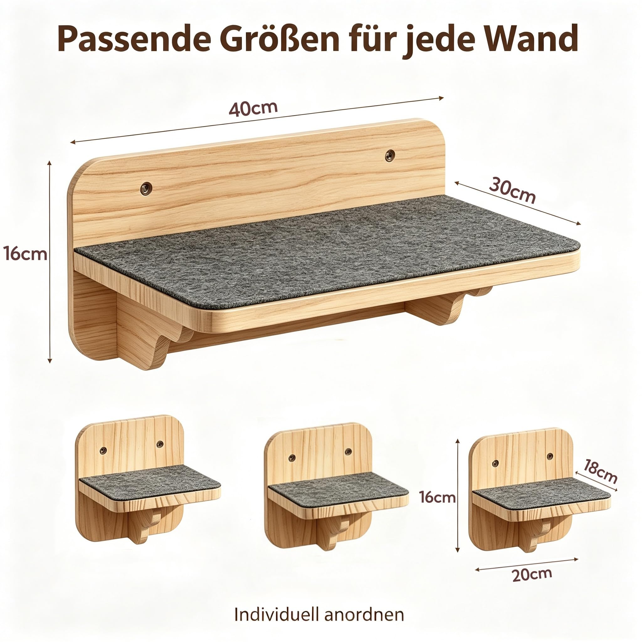Ściana dla kota z drewna z miękkim filcem, ścianka do wspinaczki dla kotów, schodki dla kotów, zestaw 4 szt. wraz z 1 platformą 40 x 32 cm, 3 stopnie 18 x 18 cm, do 30 kg, zestaw mebli ściennych dla