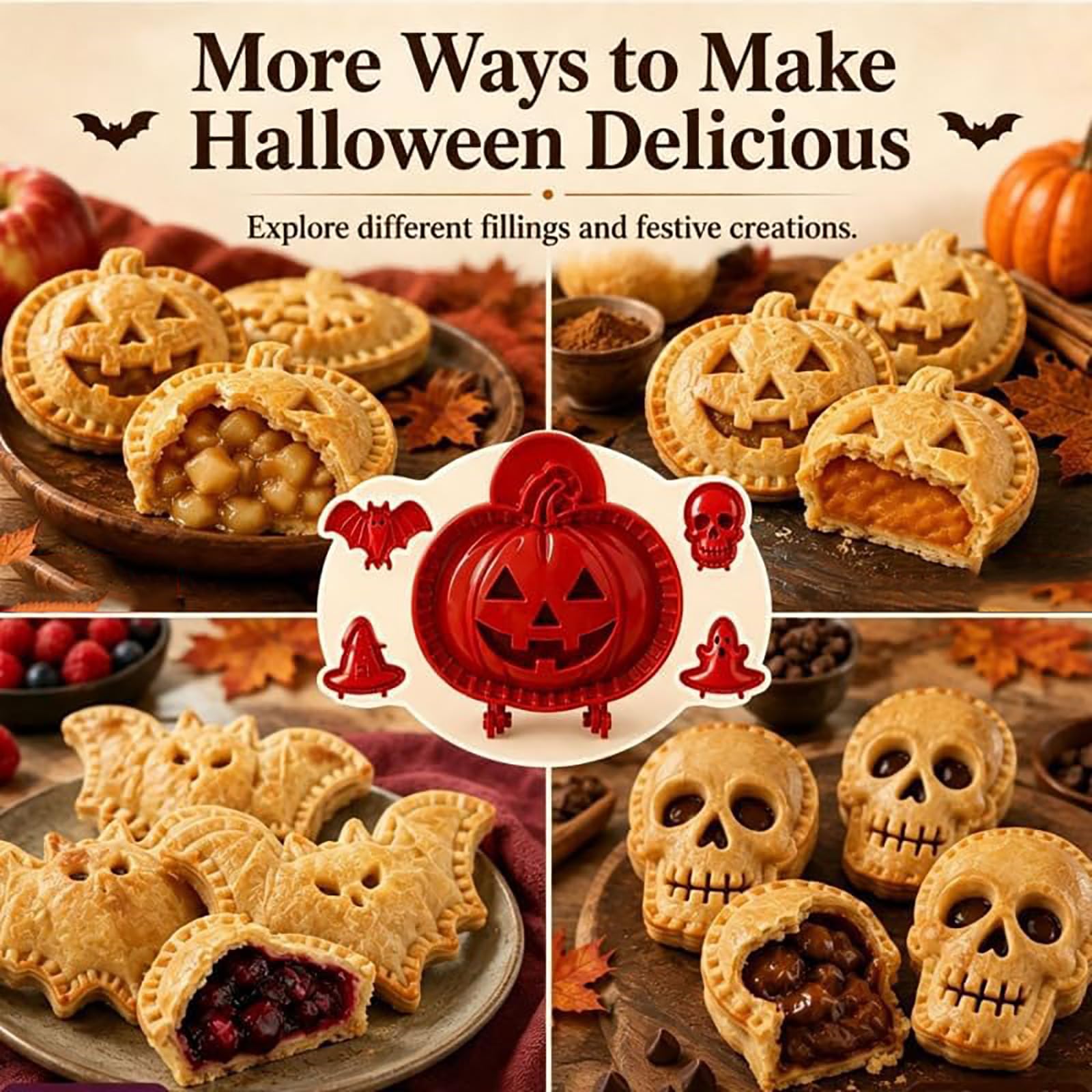 Juego de mini moldes para tartas de mano de Halloween (Mix) | 8 diseños festivos, superficie lisa, liberación rápida, limpieza sencilla, reutilización duradera, lindas formas de golosinas