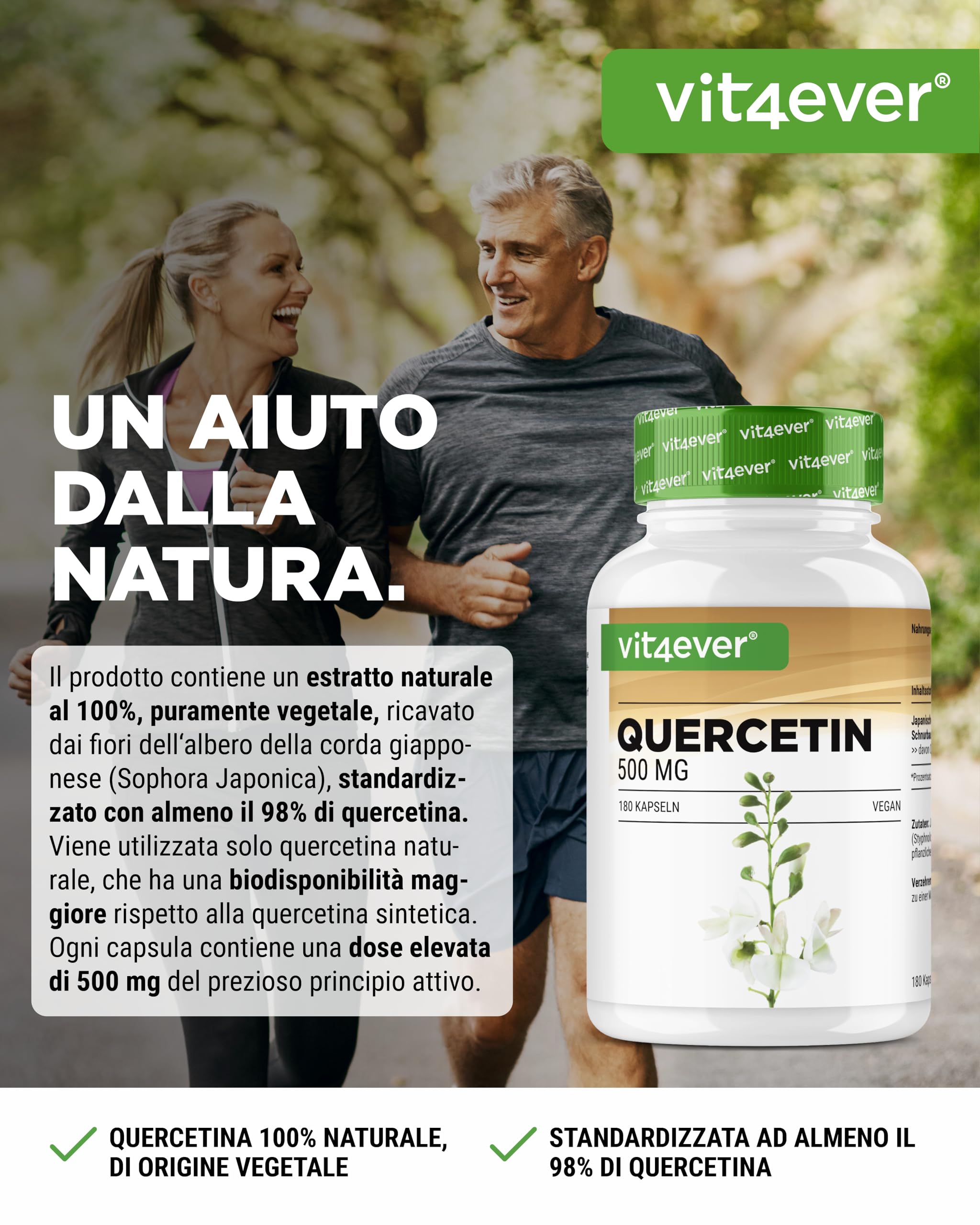 Quercetina - 500 mg - 180 capsule - Confezione per 6 mesi - Premium: estratto naturale di fiori di robinia in rapporto 15:1 con il 95% di quercetina - Altamente concentrato - Vegano