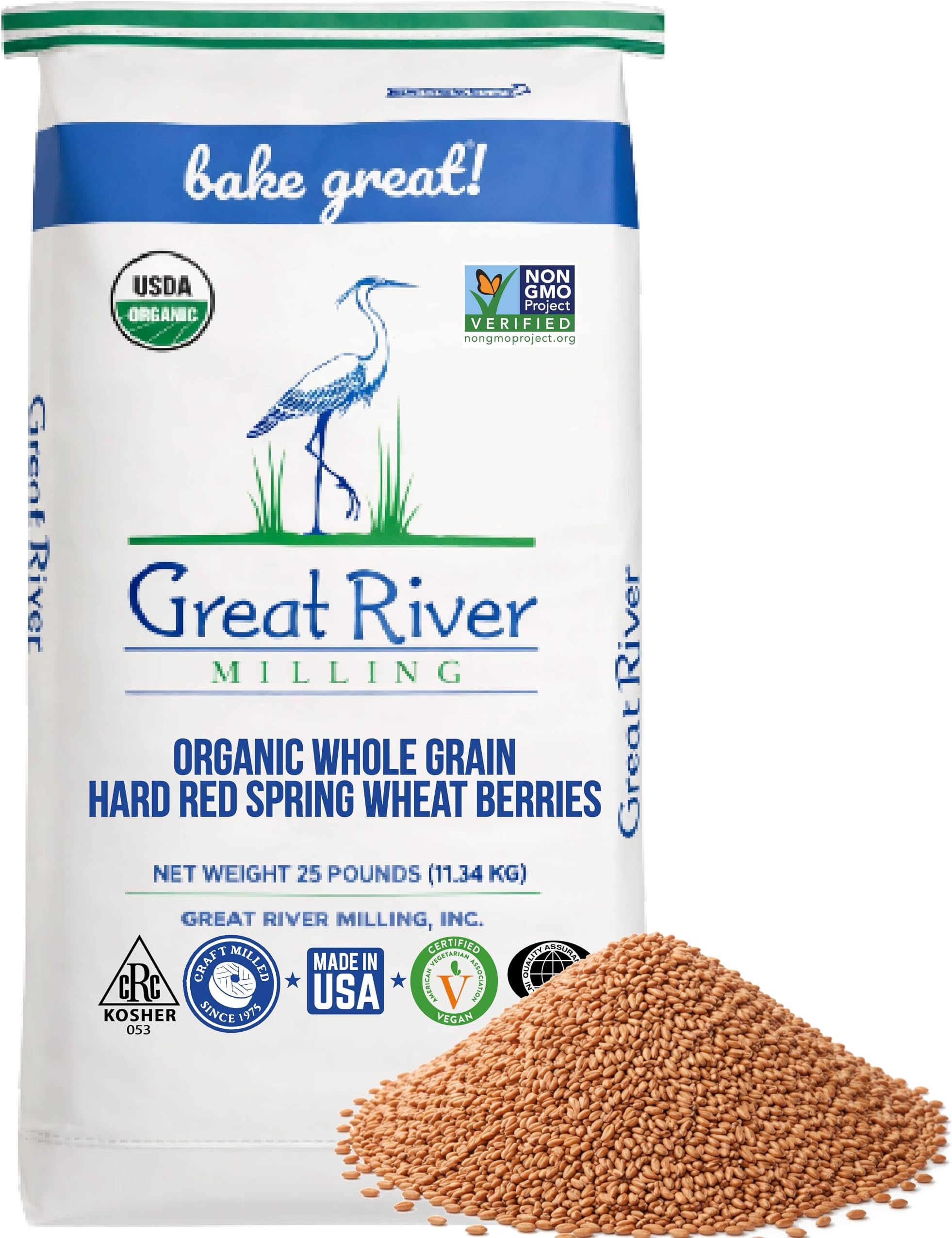 Great River Milling Organic Whole Grain Hard Red Spring Wheat Berries | Hard Red Whole Wheat | High Protein & Gluten | Non-GMO & Kosher | Perfect For Wheat Bread, Salad, Pilaf, Bagels & More | 25 Lb