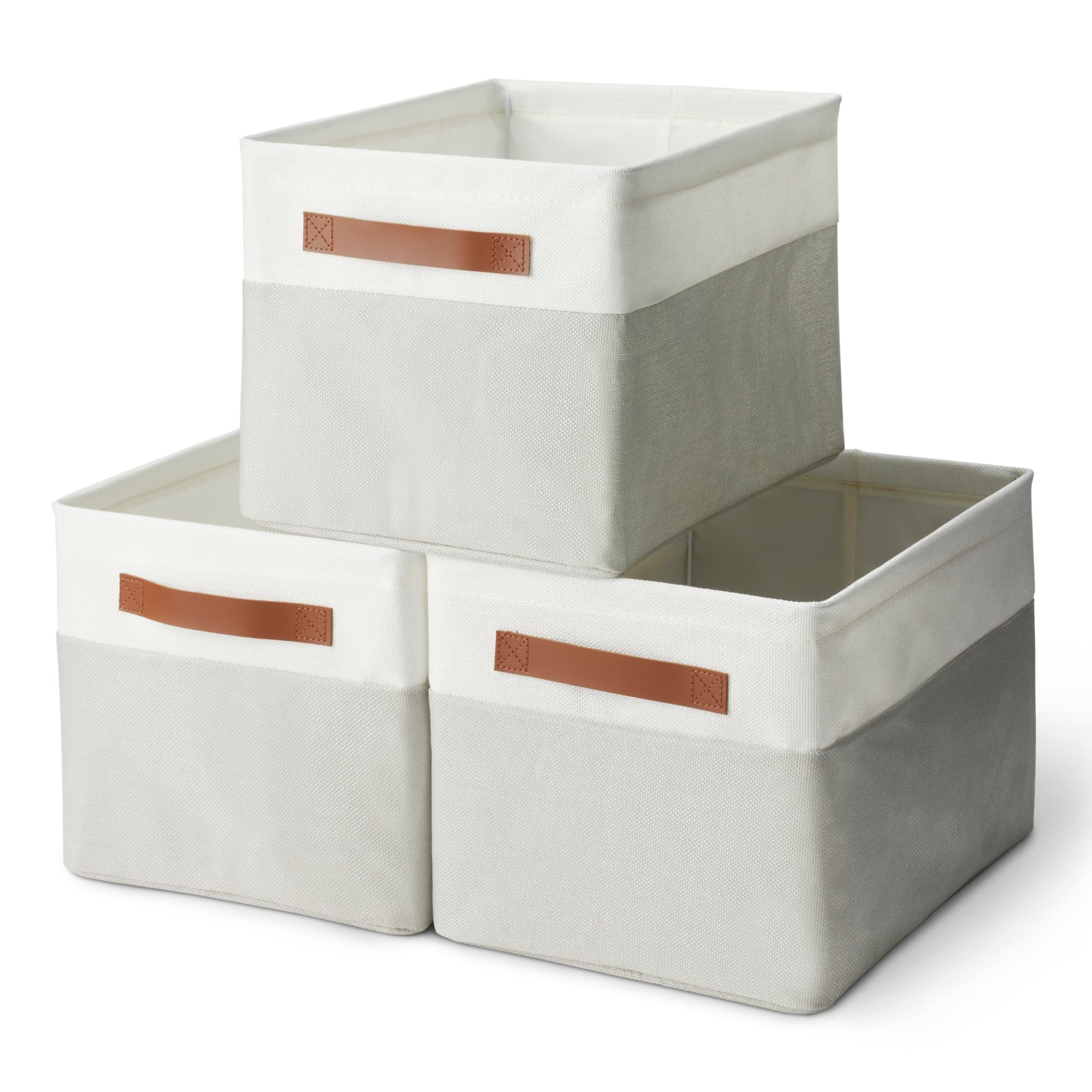 Amazon Basics Collapsible Storage Bins with Leather Handles, Linen, Large, Pack of 3