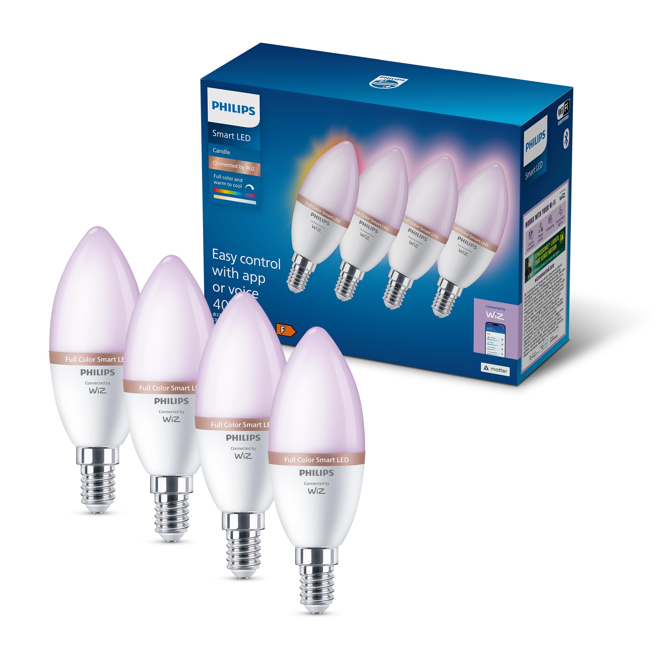 Philips Smart Lighting, Smart LED RGB C37 Bulb, 4 Pack, E14 Base, 470 lm, Color and Tunable White Light 2200-6500 K, Low Dimming, Connected by WiZ, Alexa, Google Home, Apple Home