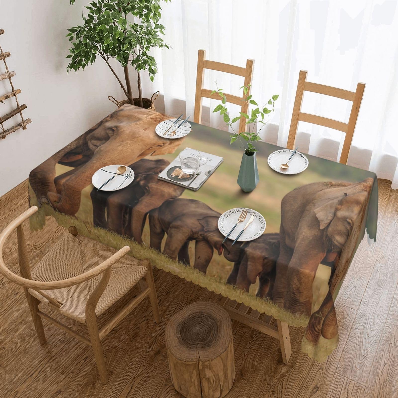 WPKJU Elephant Family Printed Rectangle Tablecloth 72x54 Inch with Lace Trim, Water-Resistant Washable Table Cover for Farmhouse Weddings, Outdoor Picnics & Holiday Dining
