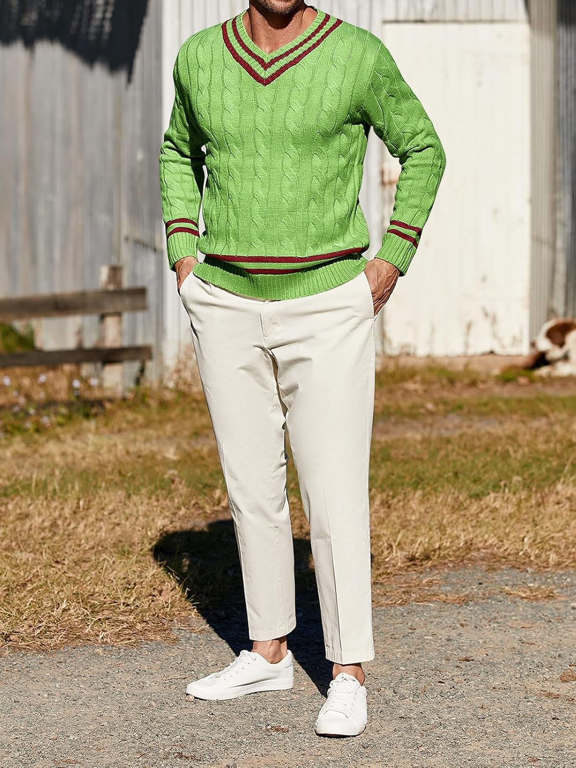 Makkrom Mens V Neck Pullover Sweaters Ribbed Knitted Cable Slim Fit Pullovers Top - Image 4