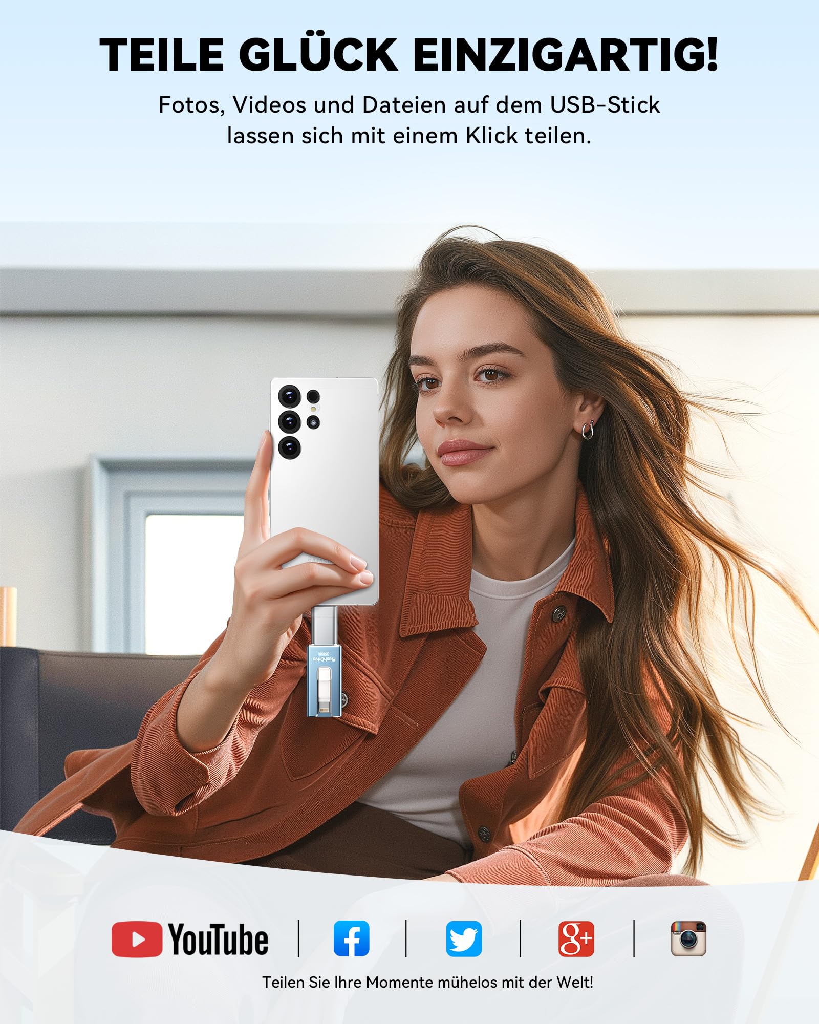 SUDEHO USB Stick 256 GB für iPhone, MFi-zertifizierter 4-in-1 Speicherstick für iPhone/iPad/Android/PC, Flash-Laufwerk mit Plug-and-Play Backup für Fotos & Videos, schnelle Übertragung, Aschblau