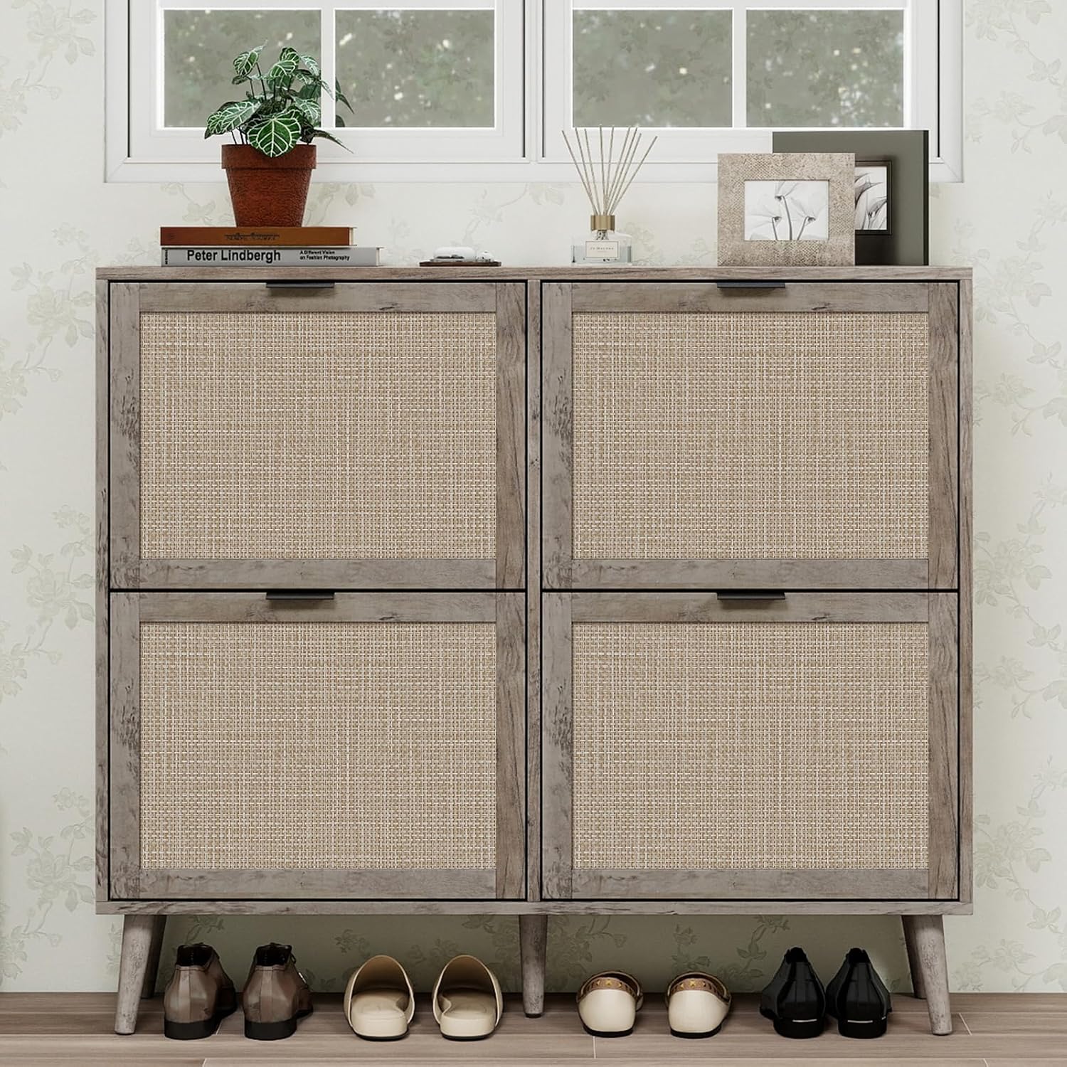 vistavie Shoe Cabinet Storage for Entryway, Rattan Shoe Storage Cabinet with 4 Flip Drawer, Boho Shoe Rack with Pine Legs, Narrow Hidden Shoe Storage for Entryway, Hallway, Dark Grey