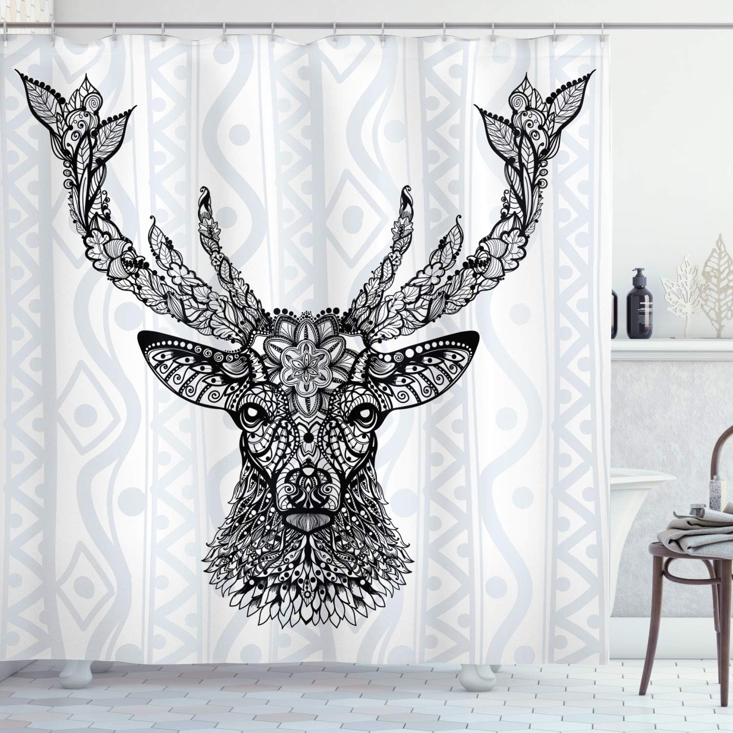 Ambesonne Deer Shower Curtain, Aboriginal Floral Polynesian Deer Pattern Mammal Boho Design, Cloth Fabric Bathroom Decor Set with Hooks, 69" W x 84" L, Black White
