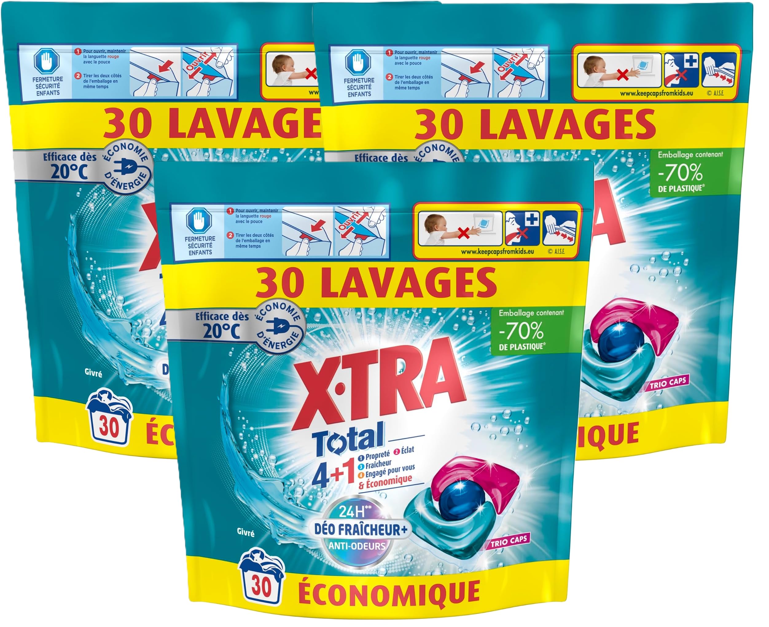Xtra Total Lot de 3 Pack de Capsules de Lessive Trio-Caps 4 plus 1 Parfum Givré - Economes en eau - Favorables à la peau