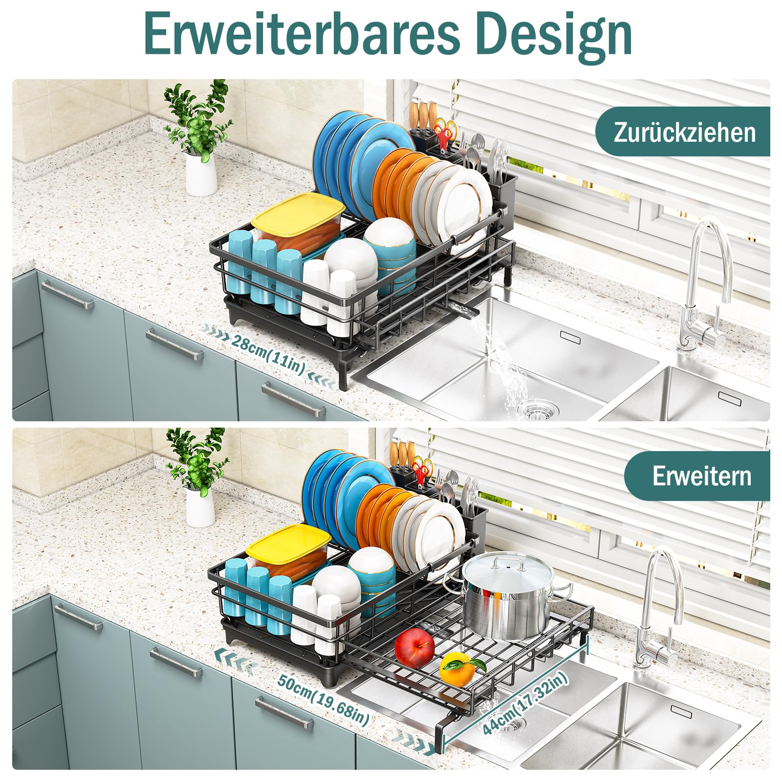 Abtropfgestell, ausziehbar, Geschirrabtropfgestell mit Utensilienhalter, platzsparend, Abtropfgestell, Küche, automatische Entwässerung
