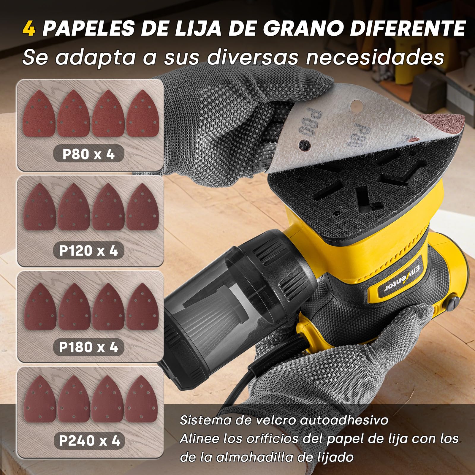 Enventor Lijadora Mouse 210W, Lijadora Madera con Velocidad 15000RPM, 16PCS Lija (80, 120, 180, 240 Grit), con Caja de Polvo, Lijadoras Delta Electrica para Lijar y Pulir Madera y Metal