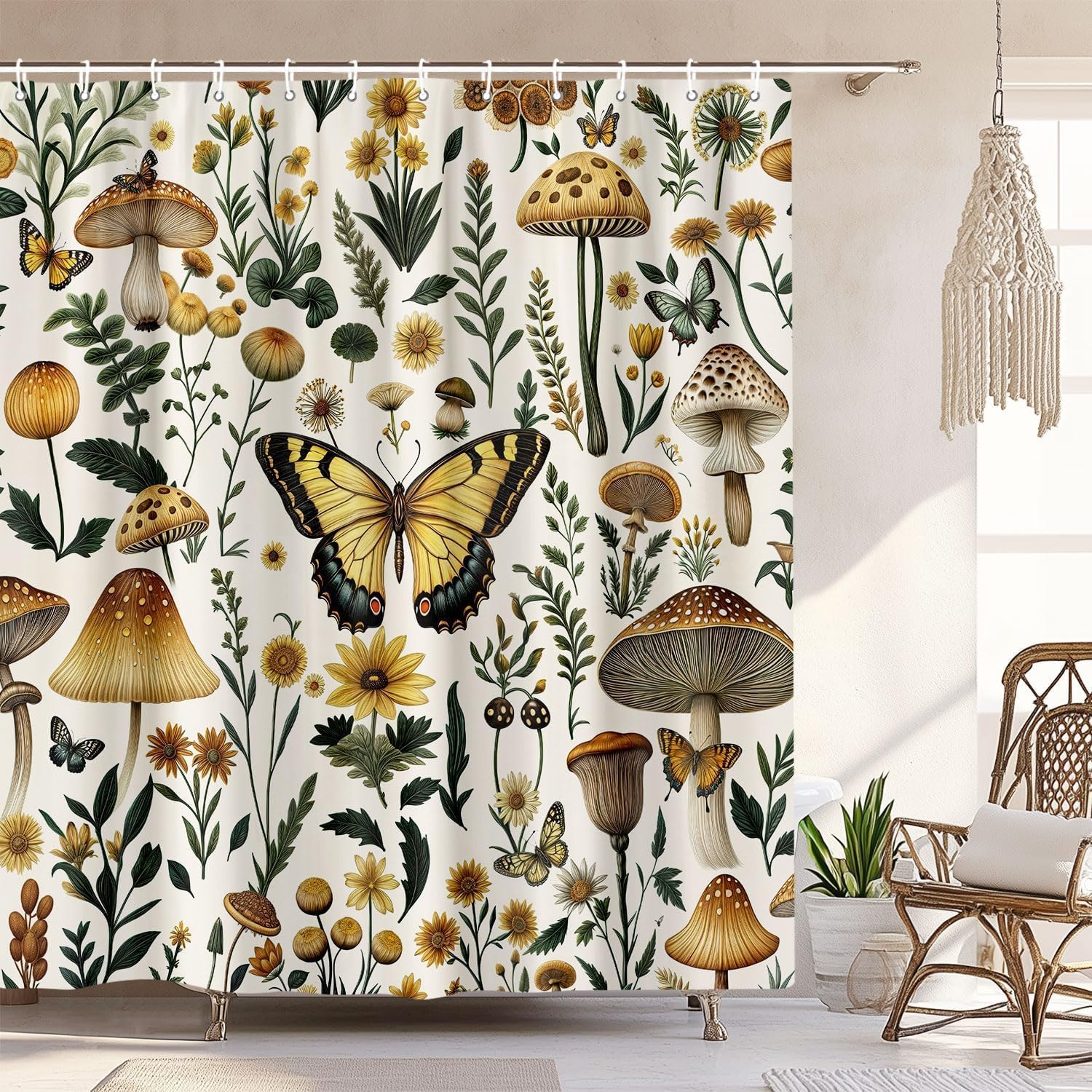 Rustic Boho Mushroom Shower Curtain, Vintage Chic Butterfly Botanical Floral Farmhouse Cottagecore Aesthetic Shower Curtain Set with Hook, Fairy Witchy Plant Shower Curtain for Bathroom 72X84 Beige