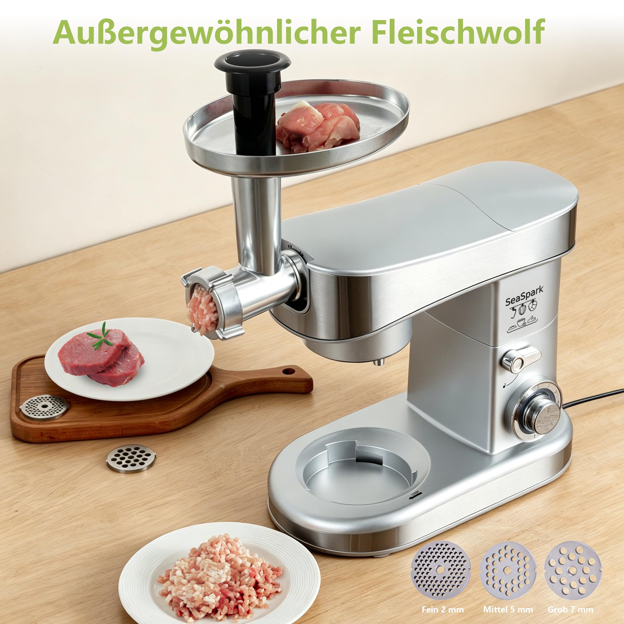 Küchenmaschine, 6 L Knetmaschine 1200W, 6 Geschwindigkeits Küchenmaschine, Teigmaschine mit Rührhaken, Knethaken, Schneebesen und Spritzschutz, Silber