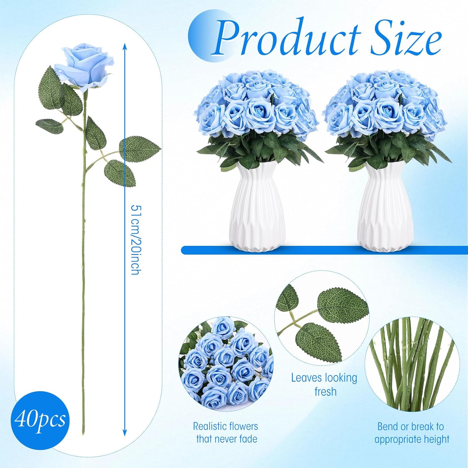 Hotop 40 Pcs Rose Artificial Flowers Bulk with Long Stem,Realistic Silk Fake Roses Bouquet for Home Wedding Centerpieces Party Table Decoration Valentines Gifts(Light Blue) - Image 2