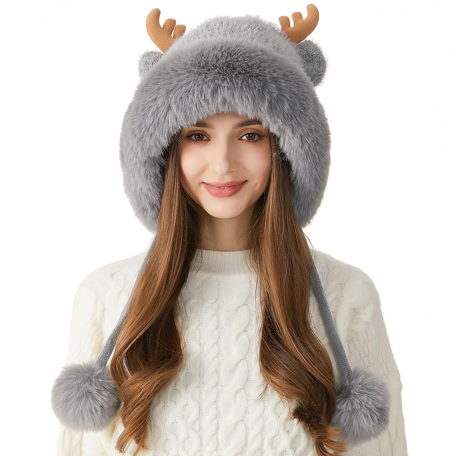 HUAMULAN Women Winter Sherpa Beanie Hats Knit Ear Flaps Cover Ears Antler Fleece Lined Ski Snow Hat 2 Pompoms