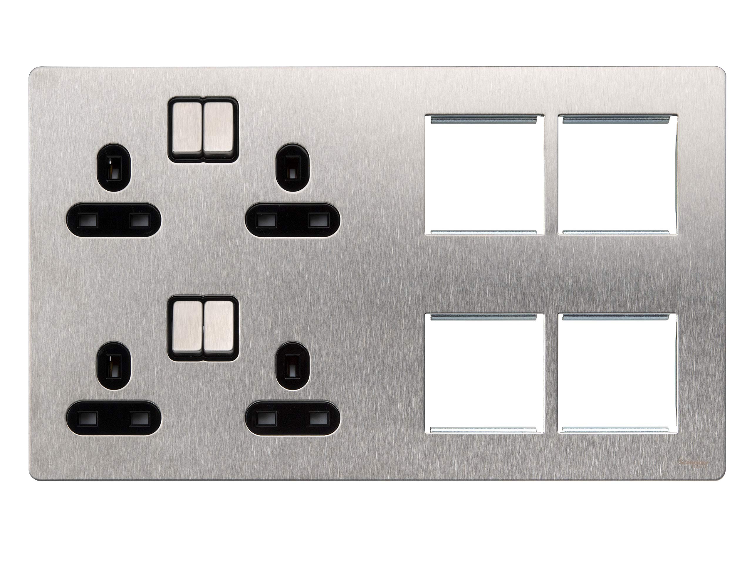 Schneider Electric Ultimate Screwless Flat Plate - Switched 4 Gang Power Socket, Double Pole with Combination Media Plate, GU34204DMPBSS, Stainless Steel with Black Insert