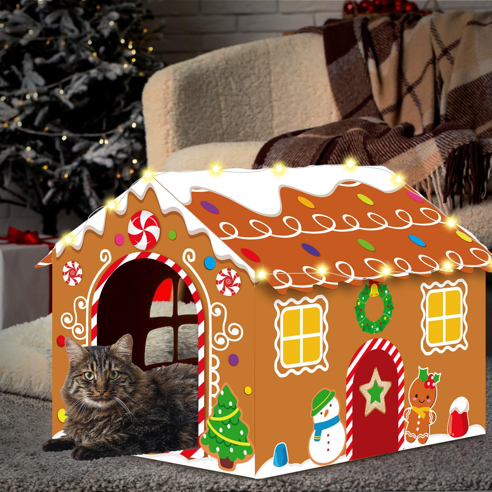 Casetta natalizia per gatti in cartone con luce a LED, tiragraffi con pan di zenzero, casetta per gatti di Natale, 39,9 x 34 x 32 cm, tiragraffi per gatti da interni