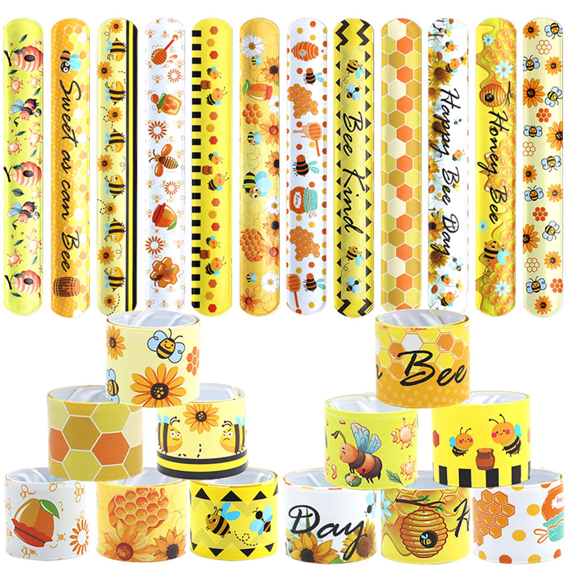 Qpout 48pcs Bee Slap Bracelets Honeycomb Wristbands Assorted Color Bee Theme Party Favors Sunflower Wristband Honeybee Yellow Bee Birthday Slap Bands Baby Shower for Classroom Prizes