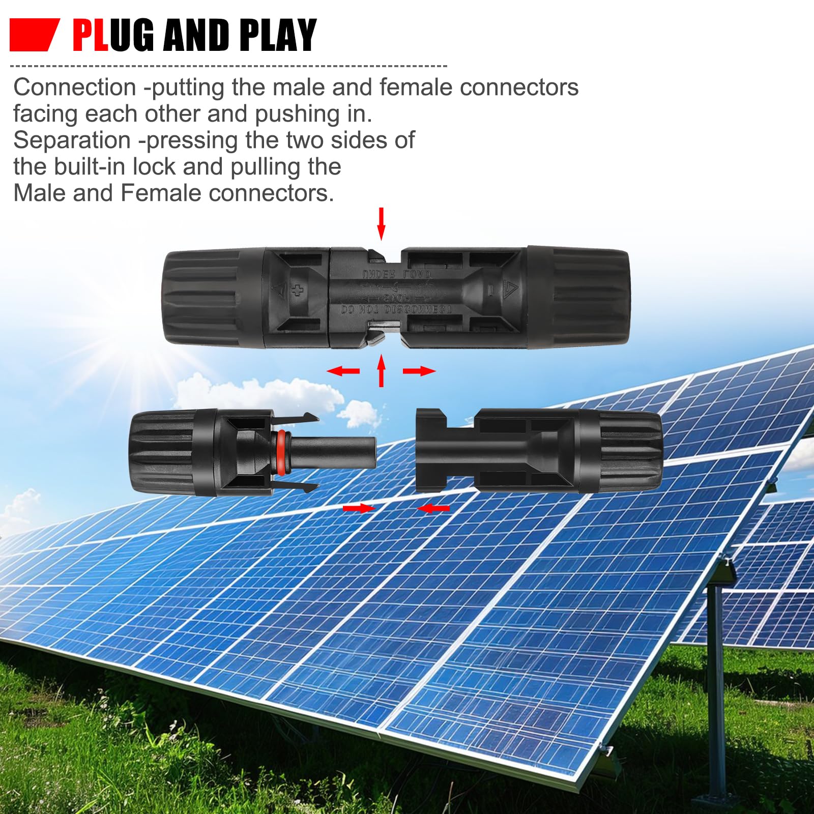 100 connettori MC4 Soar per pannelli solari, 1000 V, 30 A, IP67, impermeabili, spina maschio/femmina con chiavi, adatti per cavi solari 14AWG-10AWG (50 paia)