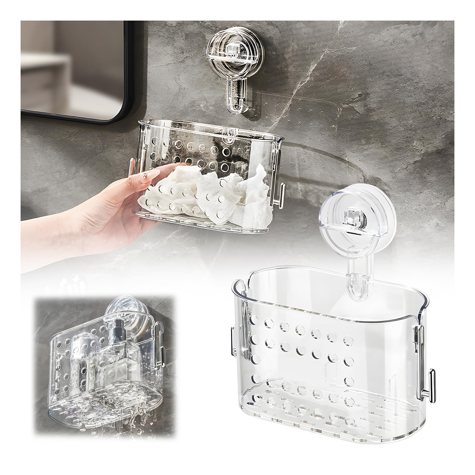 Atlodas Suction Cup Storage Rack Transparent Shower Storage Light Luxury Style Glacier Pattern Suction Cup Shelf No Drill