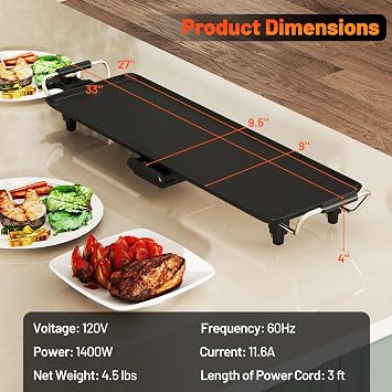 27 Electric Griddle, Extra Large Nonstick Teppanyaki Grill with Adjustable Temperature, Drip Tray & Insulated Handles, Easy-to-clean Pancake Griddle, BBQ Grill for Indoor Outdoor & Party